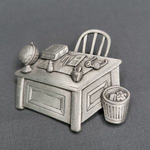 JJ Jonette Pewter Teachers Desk Brooch Pin Embossed Silver Tone 2" x 1 1/2"